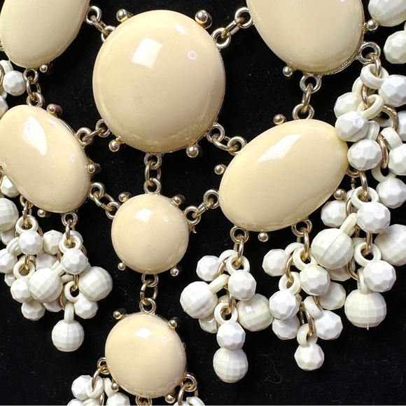 Cream Bubble Bib Statement Necklace – Retro Resin Cabochons & Bead Fringe - Picture 2 of 5
